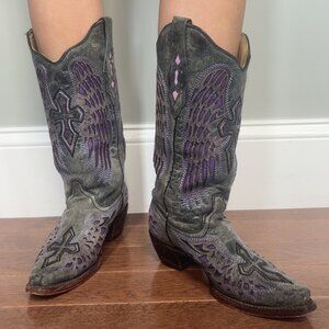 Corral Vintage Size 6 Cowboy/Cowgirl Boots, Gray with Purple/Pink Stitching